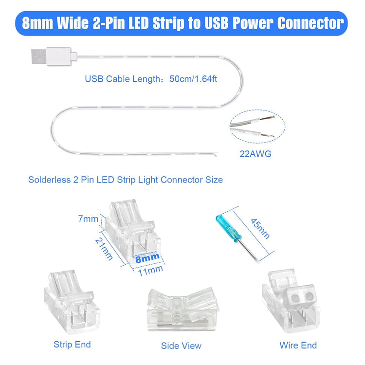 USB to COB LED Strip Light Connector Cable 1.64ft for 5v 2Pin 8mm Wide COB Light Strips, Set of 3