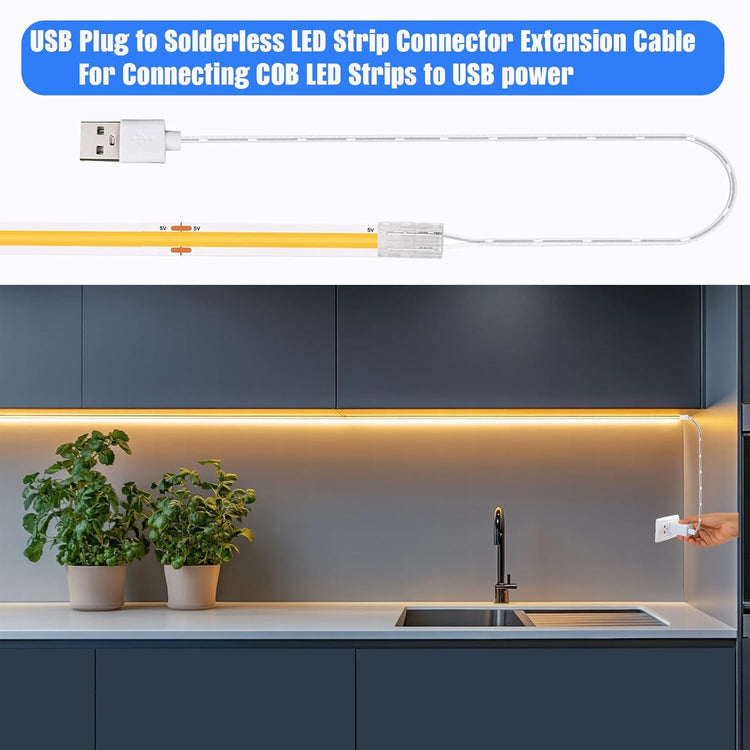 USB to COB LED Strip Light Connector Cable 1.64ft for 5v 2Pin 8mm Wide COB Light Strips, Set of 3