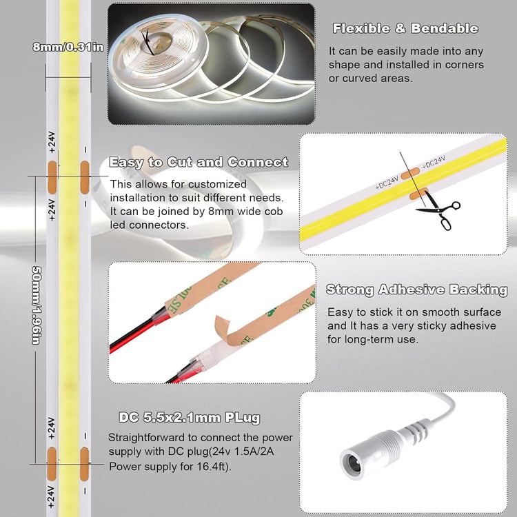 24V CRI 93+16.4ft Flexible & Cuttable Bright White COB LED Strip Lights for Home Office Interior Decoration