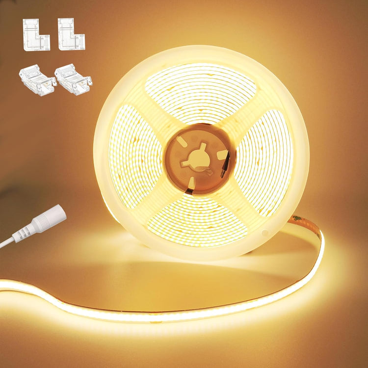 CRI 93+ Flexible Uniform Warm COB LED Light Strip 24V 16.4ft for Cabinet, Bedroom, Kitchen Closet, DIY Lighting Decor