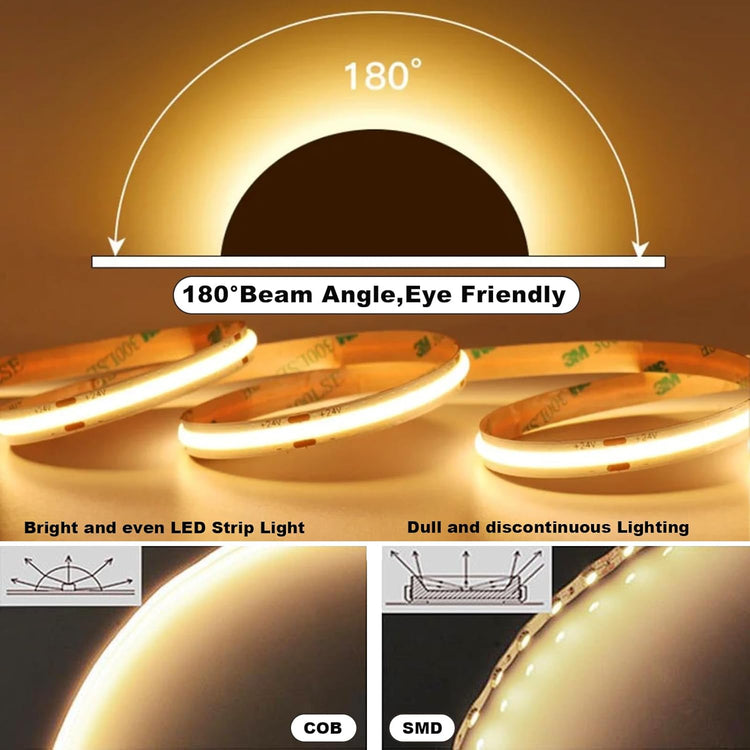 CRI 93+ Flexible Uniform Warm COB LED Light Strip 24V 16.4ft for Cabinet, Bedroom, Kitchen Closet, DIY Lighting Decor