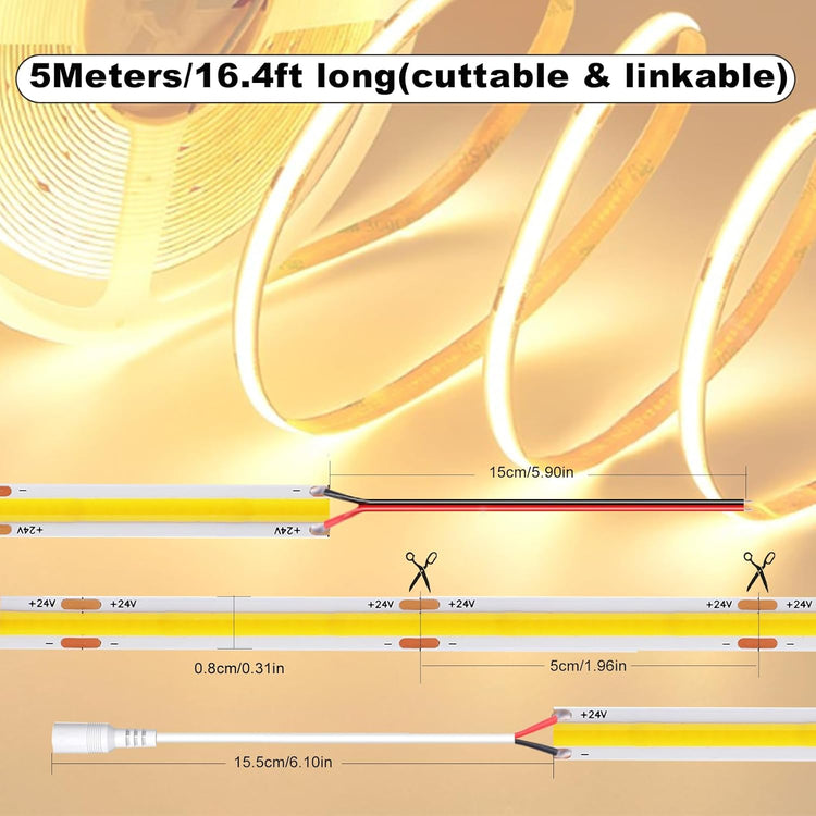 CRI 93+ Flexible Uniform Warm COB LED Light Strip 24V 16.4ft for Cabinet, Bedroom, Kitchen Closet, DIY Lighting Decor