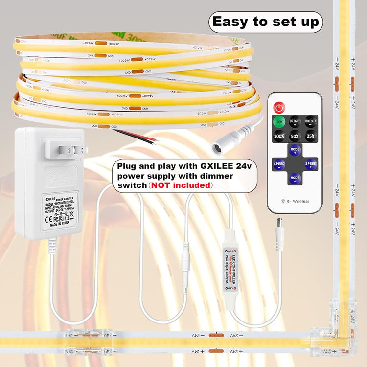 CRI 93+ Flexible Uniform Warm COB LED Light Strip 24V 16.4ft for Cabinet, Bedroom, Kitchen Closet, DIY Lighting Decor
