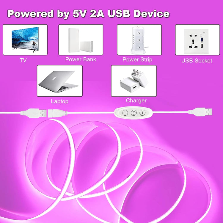 5V USB Powered Pink LED Strip Lights 4.9ft with Dimmer Switch for Bedroom/Gaming Setup/TV Backlighting