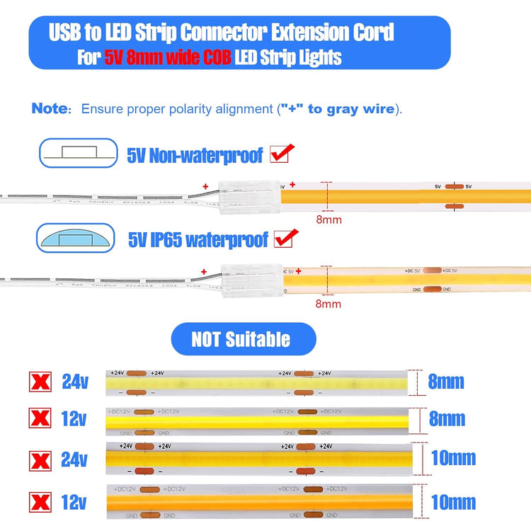 USB to COB LED Strip Light Connector Cable 1.64ft for 5v 2Pin 8mm Wide COB Light Strips, Set of 3