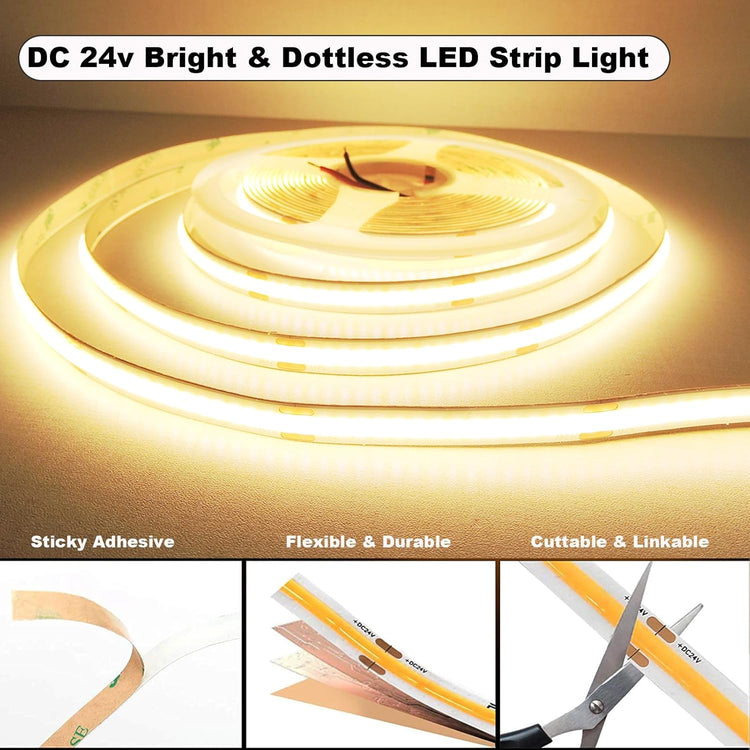 CRI 93+ Flexible Uniform Warm COB LED Light Strip 24V 16.4ft for Cabinet, Bedroom, Kitchen Closet, DIY Lighting Decor