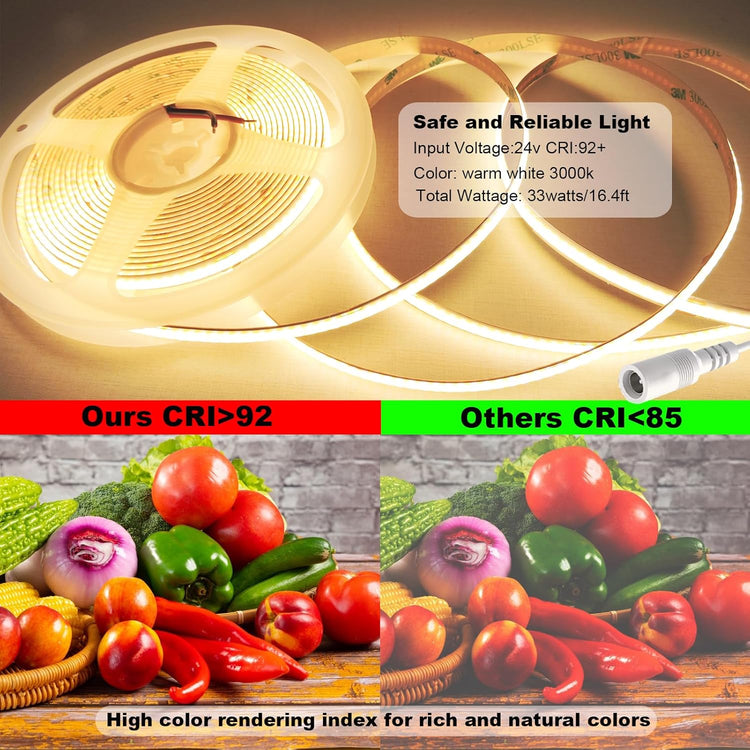CRI 93+ Flexible Uniform Warm COB LED Light Strip 24V 16.4ft for Cabinet, Bedroom, Kitchen Closet, DIY Lighting Decor