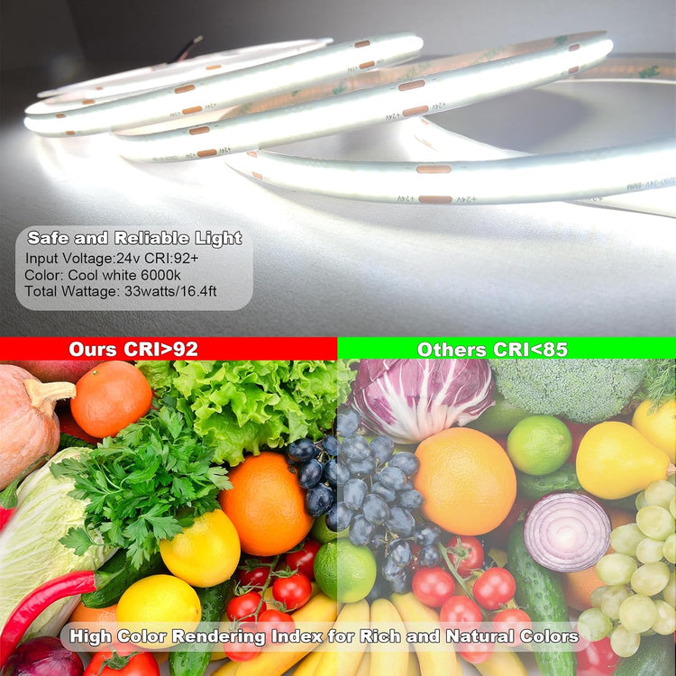 24V CRI 93+16.4ft Flexible & Cuttable Bright White COB LED Strip Lights for Home Office Interior Decoration