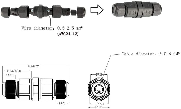 IP68 Waterproof Electrical Connector 3 Pin for 2 or 3 pin Cables Dia (5-8 mm),Pack of 3