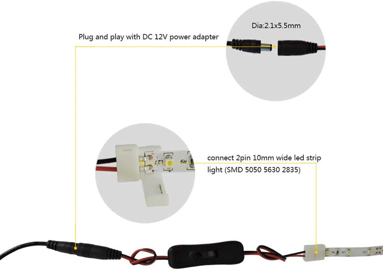 2835 LED Strip Light Connector Adapter with on Off Inline Switch