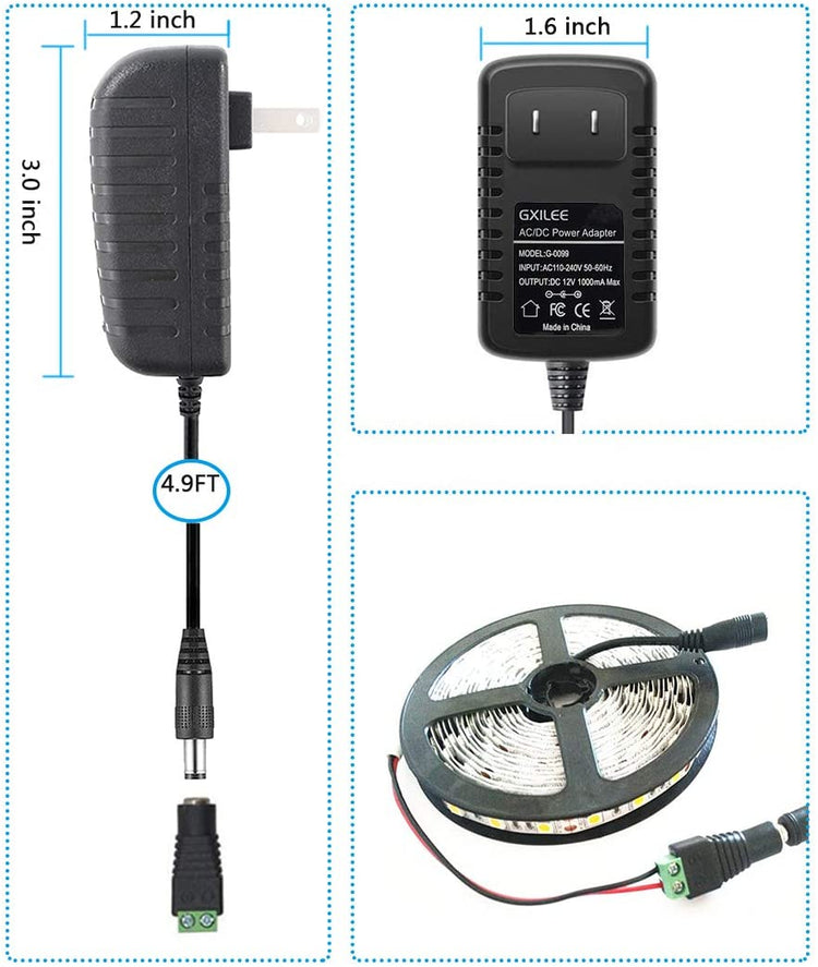 12V Power Supply with Switch for Led Strip,CCTV Camera,Output 1A, 12 Watt Max,2 Pack