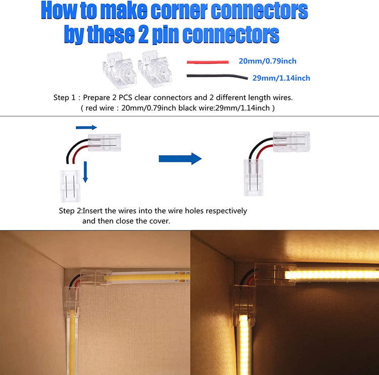 2 Pin 8mm Cob LED Strip Connectors Kit with 20feet 2-Pin Extension Cable