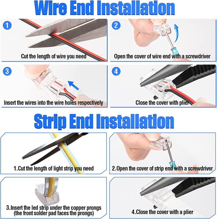 2 Pin 8mm Cob LED Strip Connectors Kit with 20feet 2-Pin Extension Cable