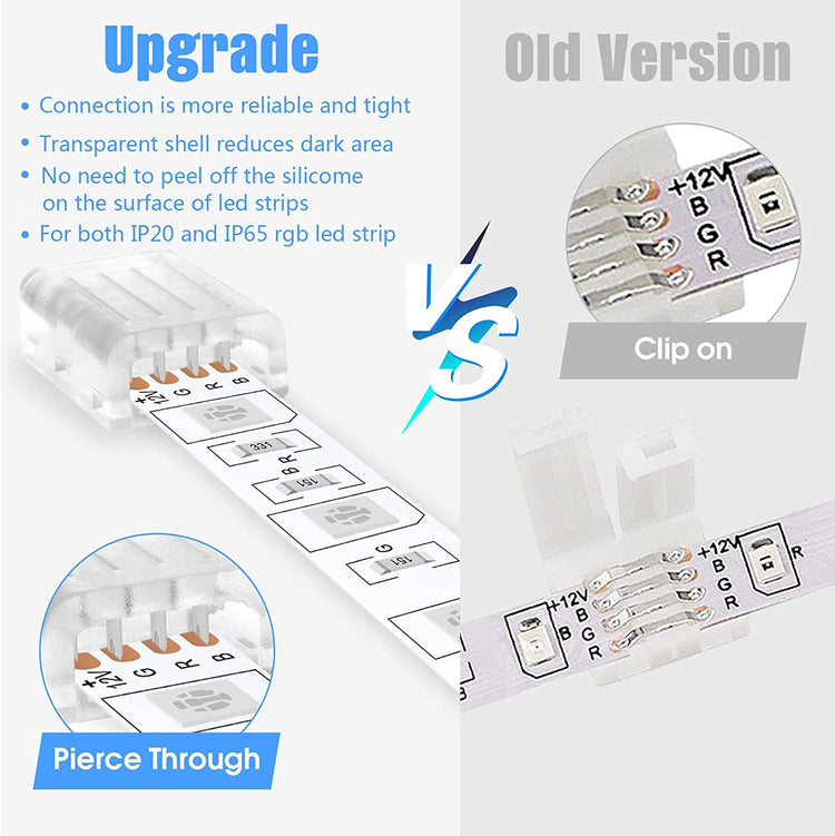 Transparent Led Light Connectors 4 pin 10 Pack and L Shape 4-Pin LED Corner Connectors 4-Pack