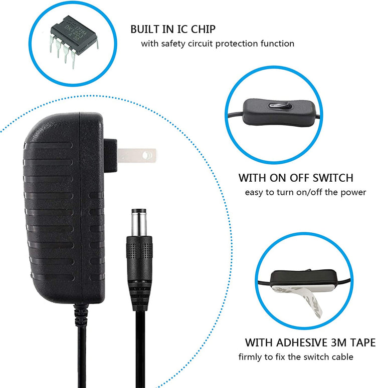 12V Power Supply with Switch for Led Strip,CCTV Camera,Output 2A, 24 Watt Max