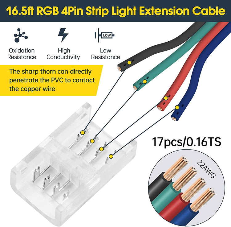 Solderless Led Light Connectors kit for 5050 RGB Strip, Include 16.4ft 22 Gauge Led Extension Cable