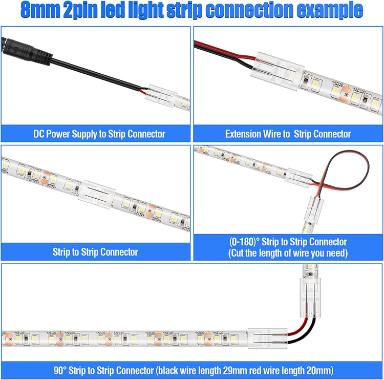 2 Pin 8mm LED Strip Connector Kit Include 20ft 2 Pin Extension Cable