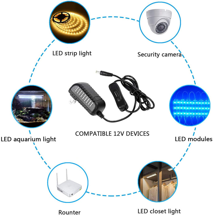 12V Power Supply with Switch for Led Strip,CCTV Camera,Output 1A, 12 Watt Max,2 Pack