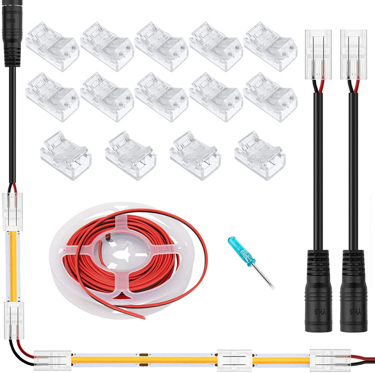 2 Pin 8mm Cob LED Strip Connectors Kit with 20feet 2-Pin Extension Cable