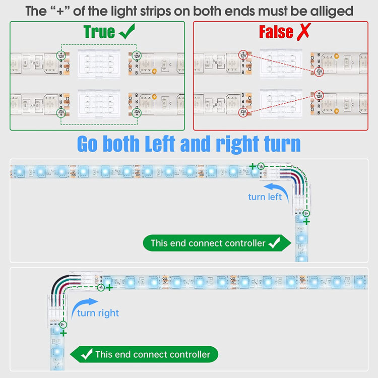 Transparent Led Light Connectors 4 pin 10 Pack and L Shape 4-Pin LED Corner Connectors 4-Pack
