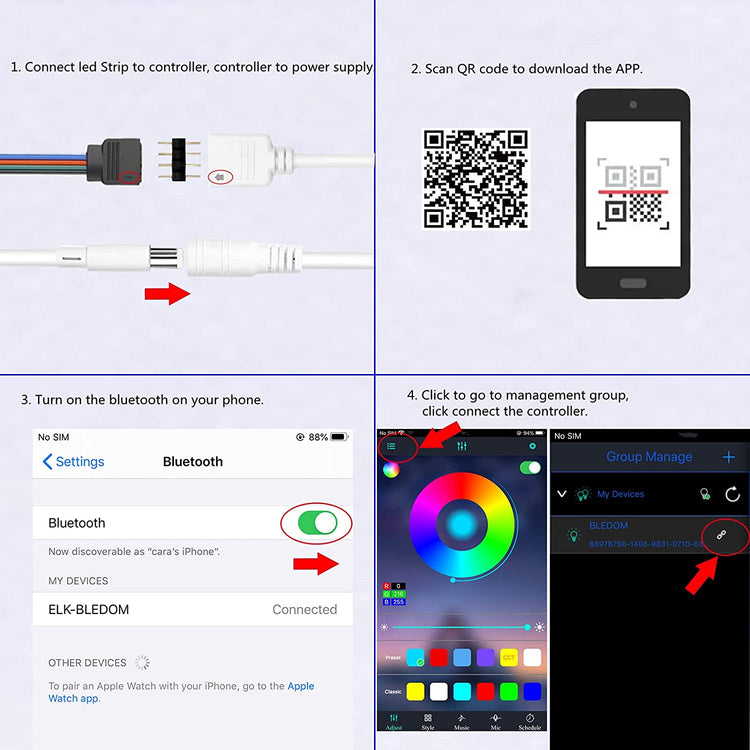 RGB LED Controller, with APP Control, Music Sync Mode, 40 Key Wireless IR Remote Controller and Led Power Supply 12v 2A