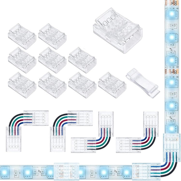 Transparent Led Light Connectors 4 pin 10 Pack and L Shape 4-Pin LED Corner Connectors 4-Pack