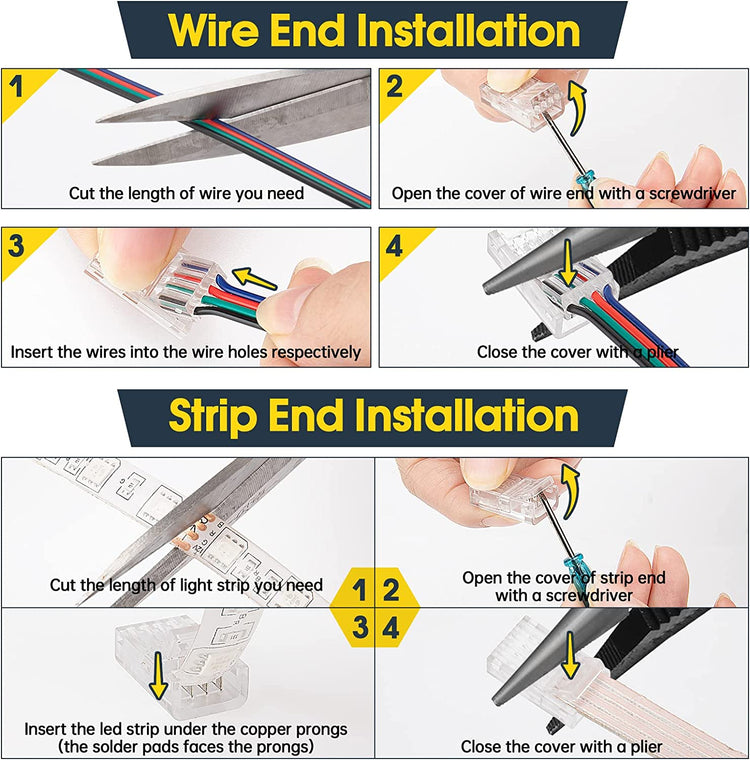 Solderless Led Light Connectors kit for 5050 RGB Strip, Include 16.4ft 22 Gauge Led Extension Cable