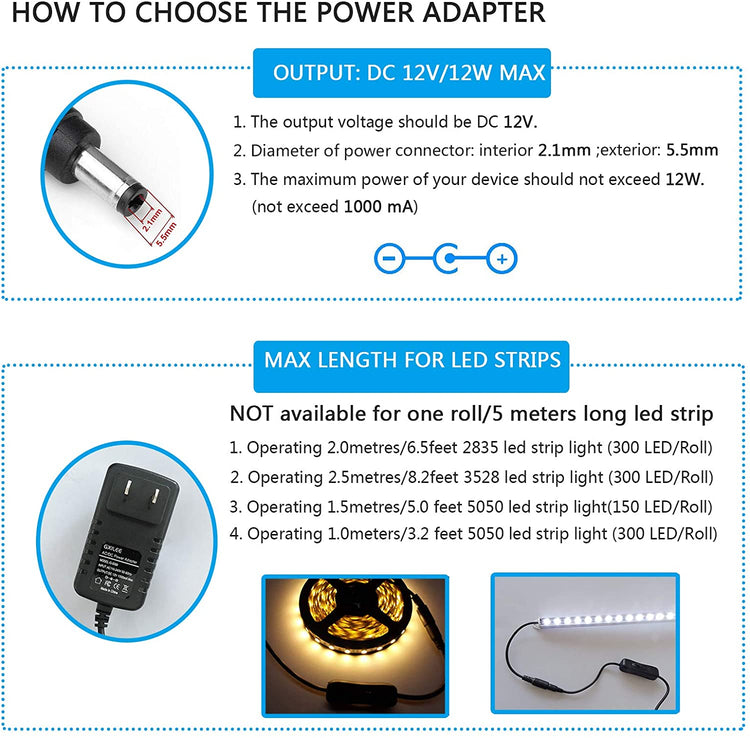 12V Power Supply with Switch for Led Strip,CCTV Camera,Output 1A, 12 Watt Max,2 Pack