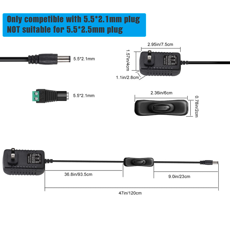 GXILEE DC 12V Power Supply Adapter 1A with Inline on Off Switch