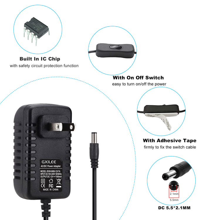 GXILEE DC 12V Power Supply Adapter 1A with Inline on Off Switch