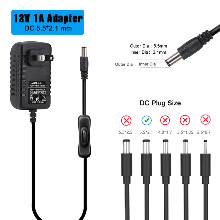 GXILEE DC 12V Power Supply Adapter 1A with Inline on Off Switch