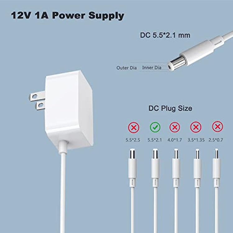GXILEE UL Listed 12V 1A Power Supply with Switch, 12v Wall Transformer for DC 12v Led Light, Security Camera, Includes DC 5.5mm x 2.1mm Connector, 12Watt Max, 5Ft White Cord