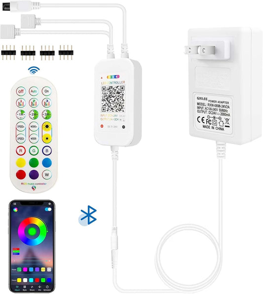 GXILEE Bluetooth RGB LED Controller with APP Control, Music Sync, IR Remote, and 24v Led Power Supply for 24v 4 pin 2835 5050 RGB LED Strip Lights