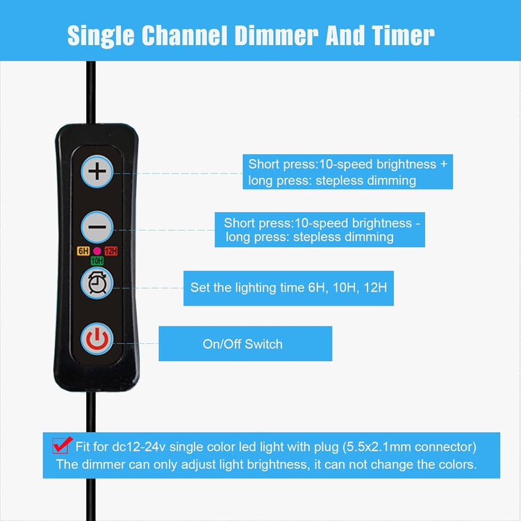 Aquarium Light Timer and Dimmer, 6/10/12 Hour Modes, Adjustable 10-100% Brightness, Compatible with 12-24V DC LED Lights, 2 Pack