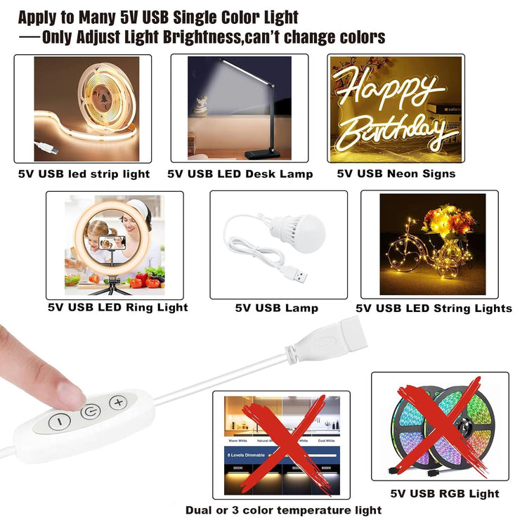 GXILEE USB Dimmer Switch,2 Pack Female to Male USB Inline Dimmer,10-Speed Dimming USB Light Dimmer for 5V Single Color Led Lights(white)