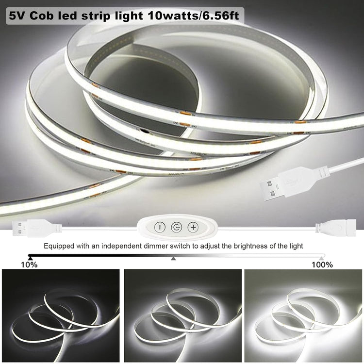 GXILEE 5v COB Led Strip Lights USB Powered 6000k Cool White CRI92+ with Dimmer for Bedroom Cabinet DIY Lighting