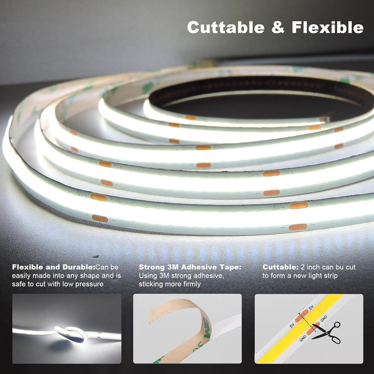 GXILEE 5v COB Led Strip Lights USB Powered 6000k Cool White CRI92+ with Dimmer for Bedroom Cabinet DIY Lighting