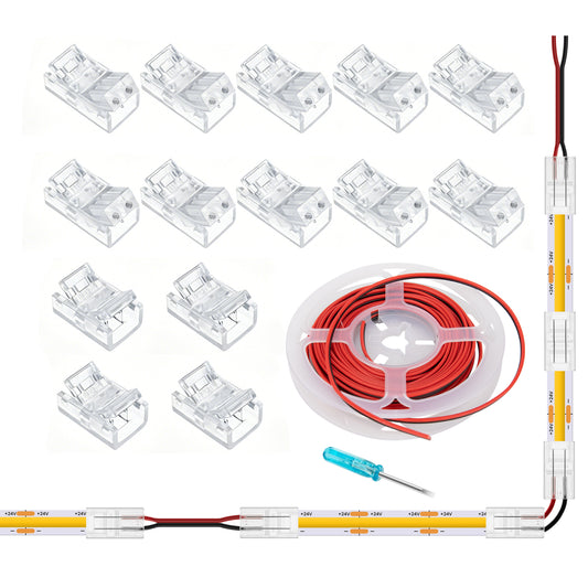 2 Pin 8mm Cob LED Strip Connectors Kit with 20feet 2-Pin Extension Cable