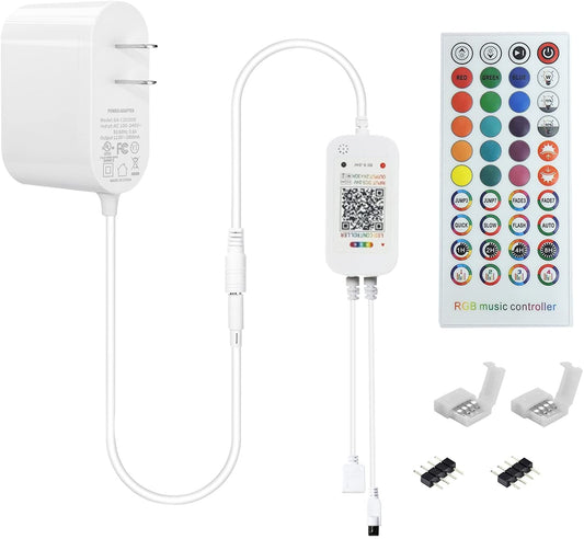 RGB LED Controller, with APP Control, Music Sync Mode, 40 Key Wireless IR Remote Controller and Led Power Supply 12v 2A