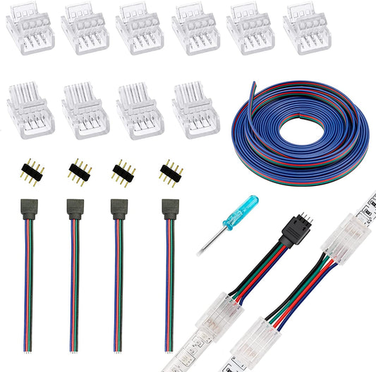 4 pin Led Connectors Kit for 10mm Wide 2835 5050 RGB Strip with 16.4ft 22 Gauge 4 pin Led Extension Cable
