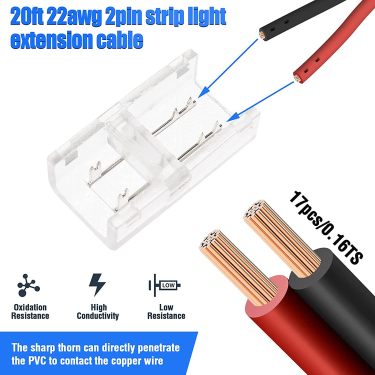 2 Pin 8mm Cob LED Strip Connectors Kit with 20feet 2-Pin Extension Cable