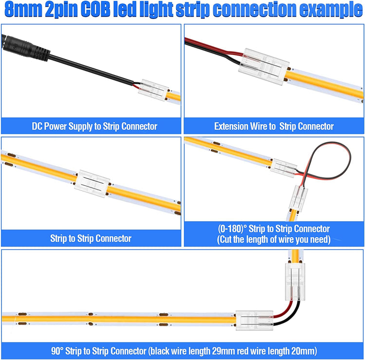 2 Pin 8mm Cob LED Strip Connectors Kit with 20feet 2-Pin Extension Cable